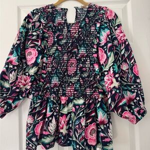 crown & ivy Navy Floral Smocked Peasant Blouse - Pink & Teal